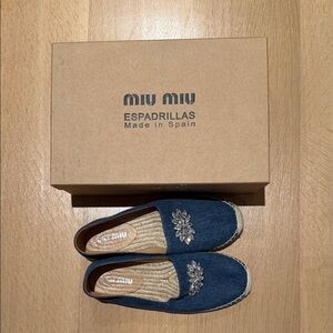 Miu Miu Navy Denim Espadrille Flats with Crystal Appliqués